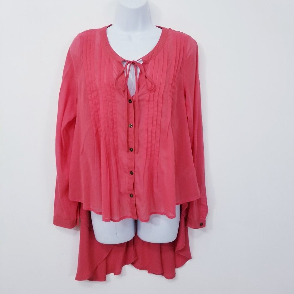 Free People Tie Front Pleated High Low Blouse Lagenlook Oversize